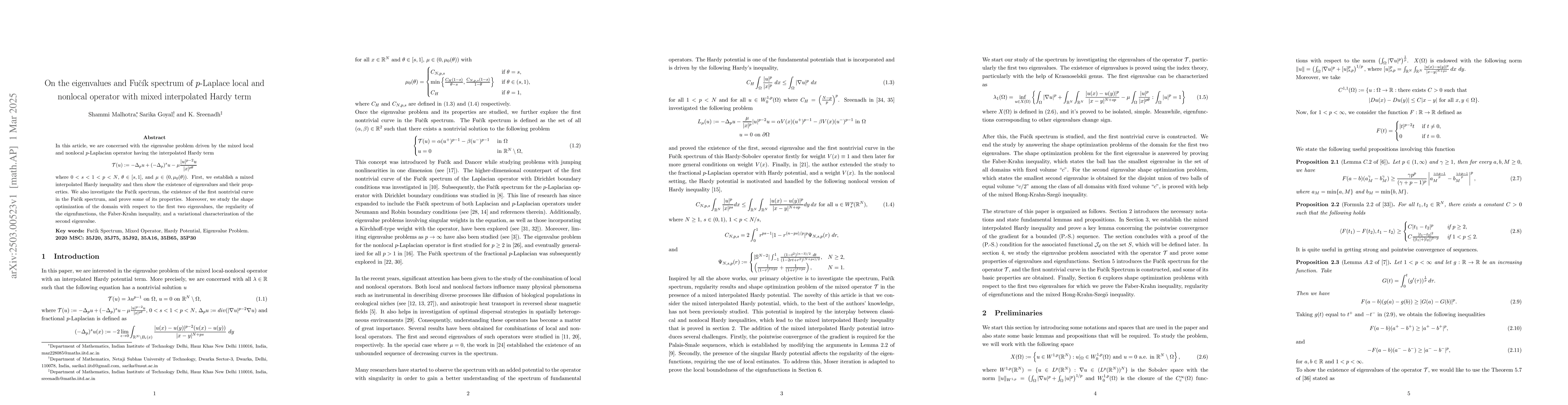 Thumbnail for On the eigenvalues and Fučík spectrum of $p$-Laplace local and
  nonlocal operator with mixed interpolated Hardy term