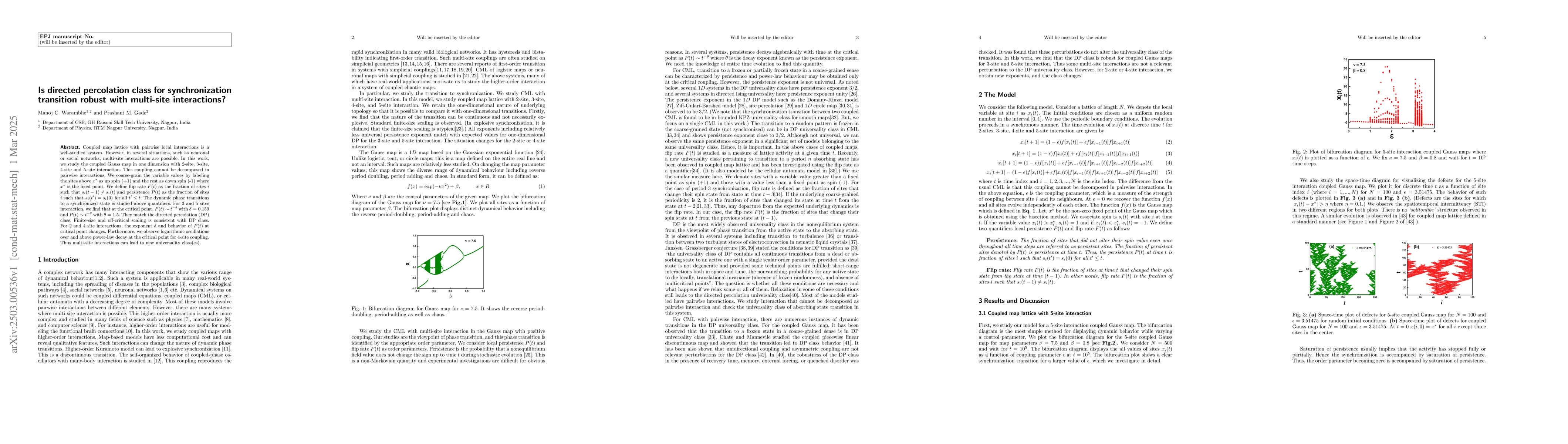 Thumbnail for Is directed percolation class for synchronization transition robust with
  multi-site interactions?