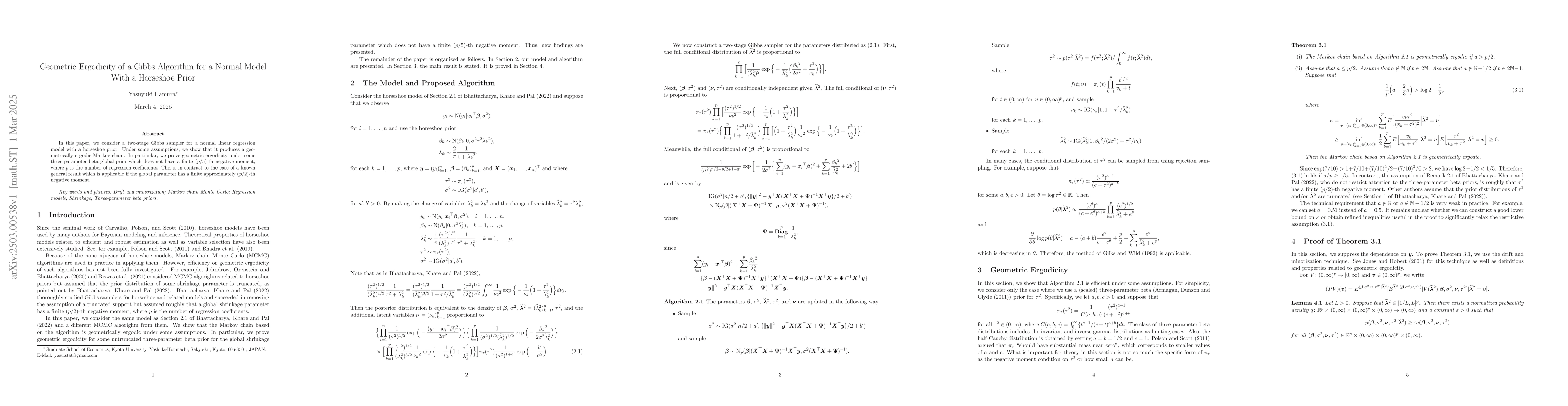 Thumbnail for Geometric Ergodicity of a Gibbs Algorithm for a Normal Model With a
  Horseshoe Prior