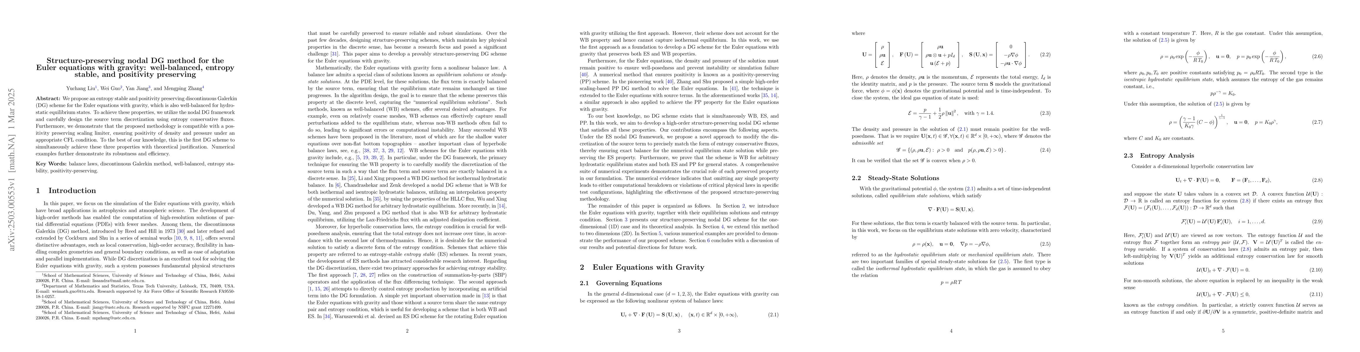 Thumbnail for Structure-preserving nodal DG method for the Euler equations with
  gravity: well-balanced, entropy stable, and positivity preserving