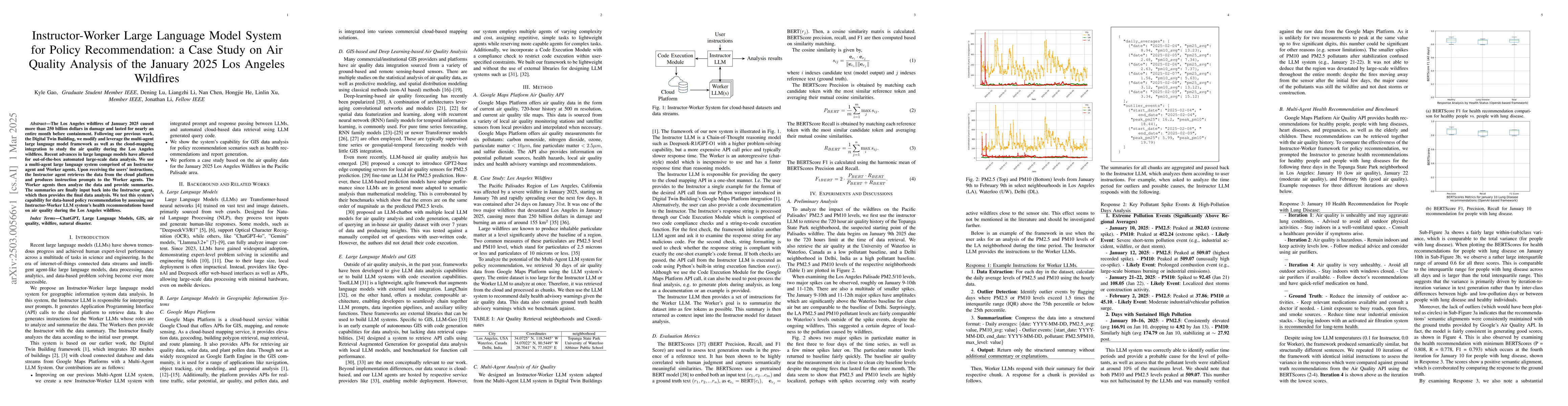 Thumbnail for Instructor-Worker Large Language Model System for Policy Recommendation:
  a Case Study on Air Quality Analysis of the January 2025 Los Angeles
  Wildfires