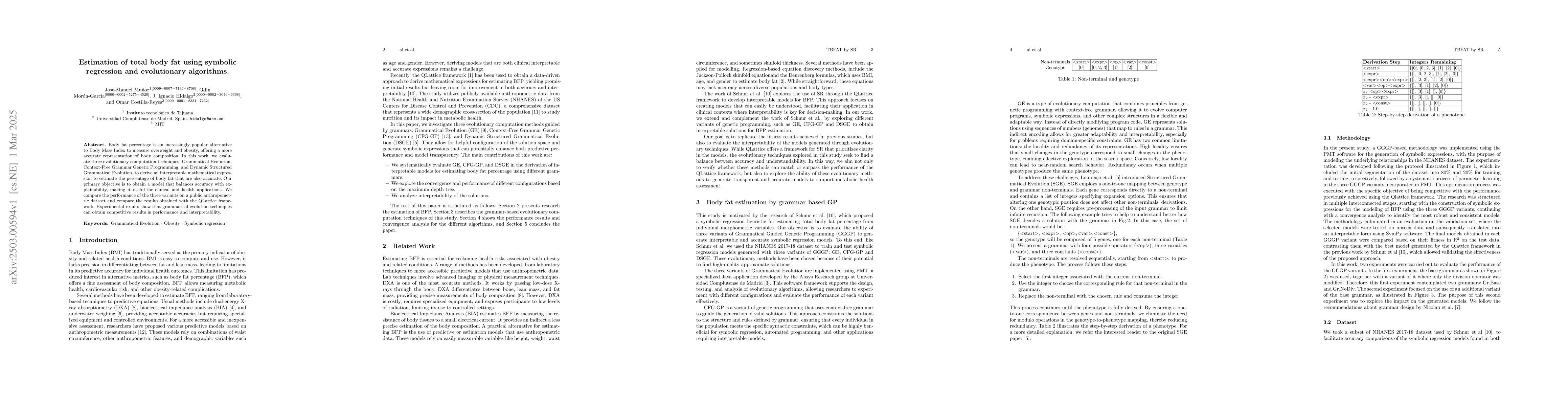 Thumbnail for Estimation of total body fat using symbolic regression and evolutionary
  algorithms