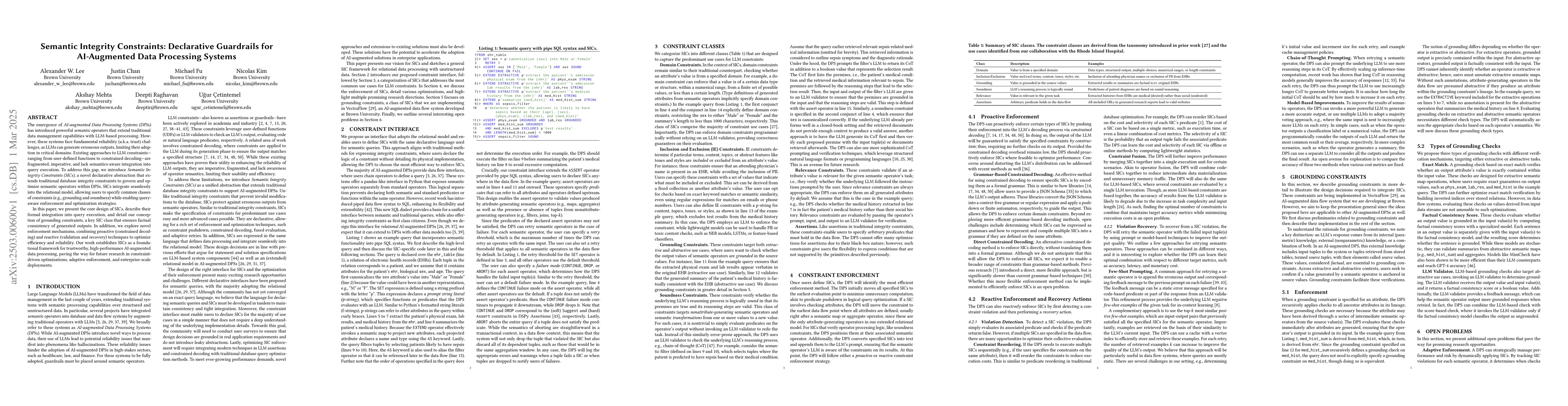 Thumbnail for Semantic Integrity Constraints: Declarative Guardrails for AI-Augmented
  Data Processing Systems