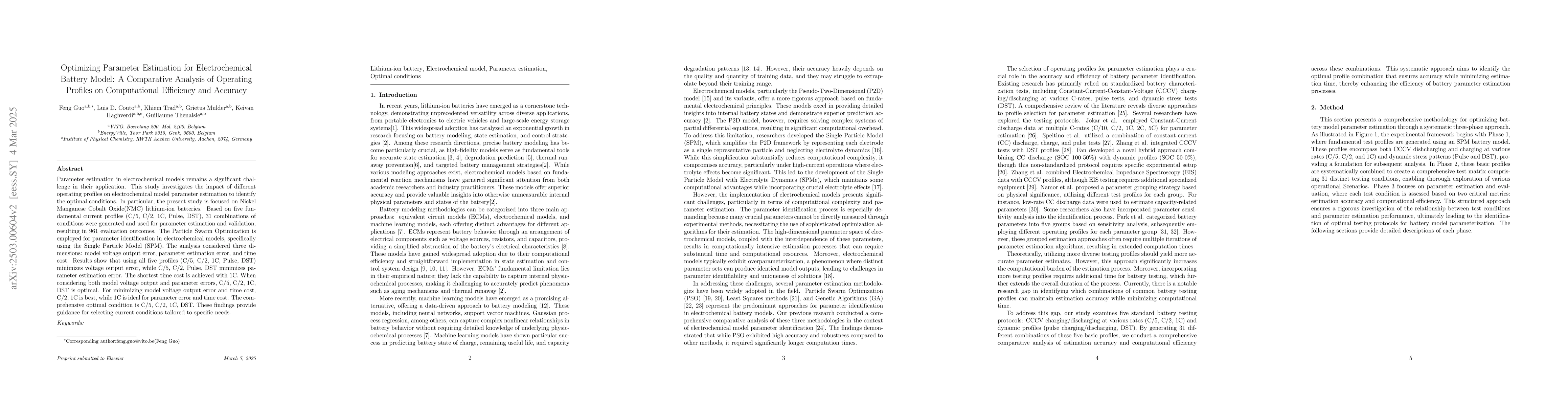 Thumbnail for Optimizing Parameter Estimation for Electrochemical Battery Model: A
  Comparative Analysis of Operating Profiles on Computational Efficiency and
  Accuracy