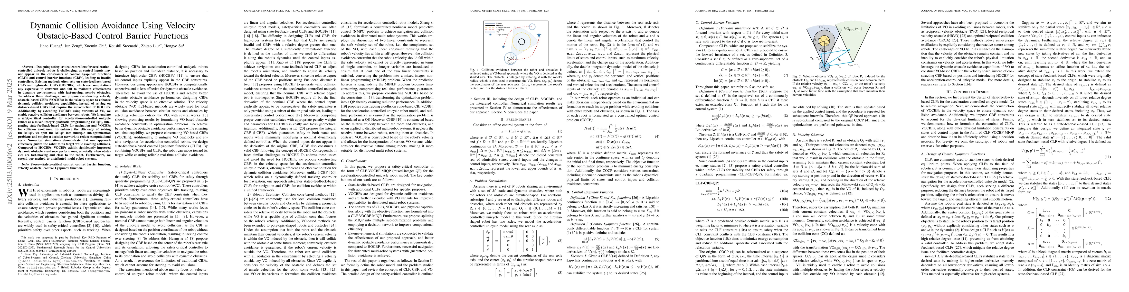 Thumbnail for Dynamic Collision Avoidance Using Velocity Obstacle-Based Control
  Barrier Functions