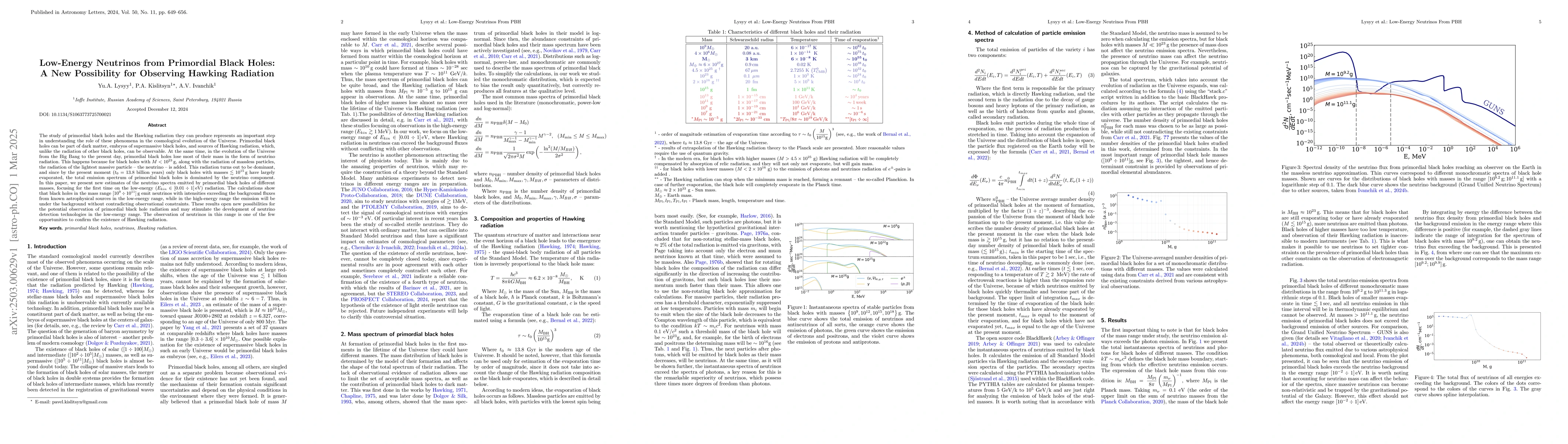 Thumbnail for Low-Energy Neutrinos from Primordial Black Holes: A New Possibility for
  Observing Hawking Radiation