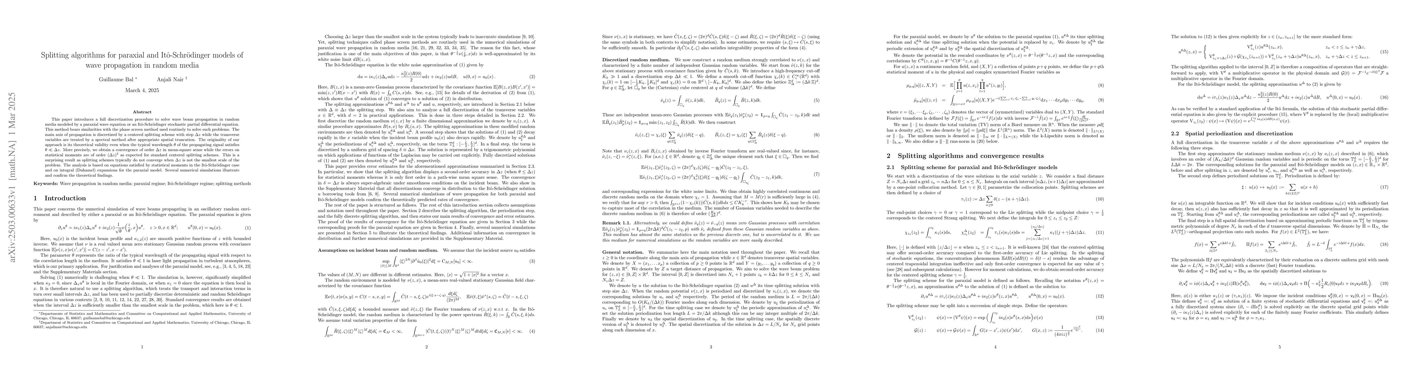 Thumbnail for Splitting algorithms for paraxial and Itô-Schrödinger models of wave
  propagation in random media