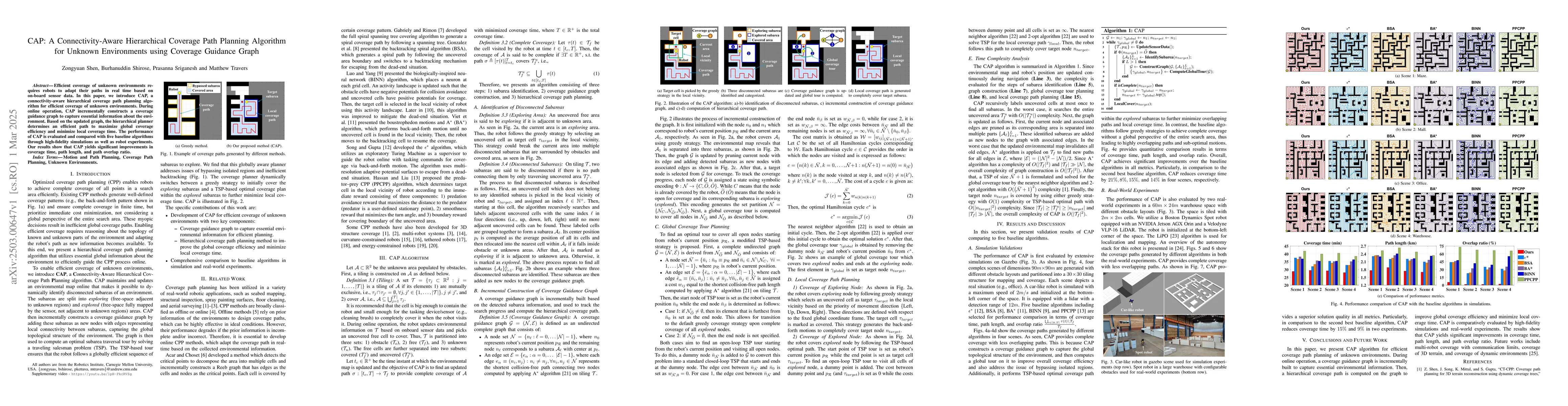Thumbnail for CAP: A Connectivity-Aware Hierarchical Coverage Path Planning Algorithm
  for Unknown Environments using Coverage Guidance Graph