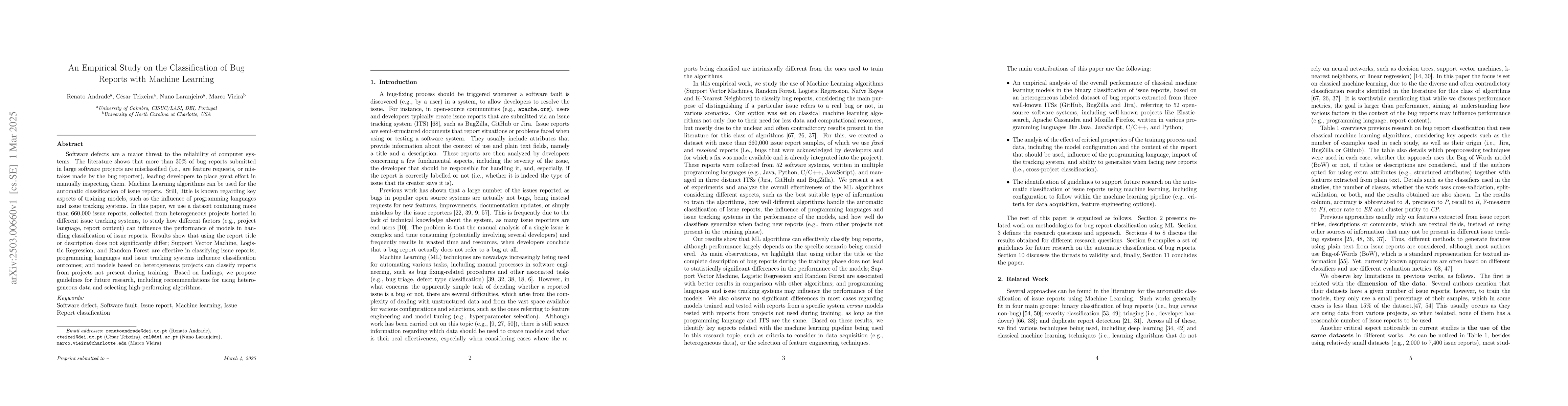 Thumbnail for An Empirical Study on the Classification of Bug Reports with Machine
  Learning