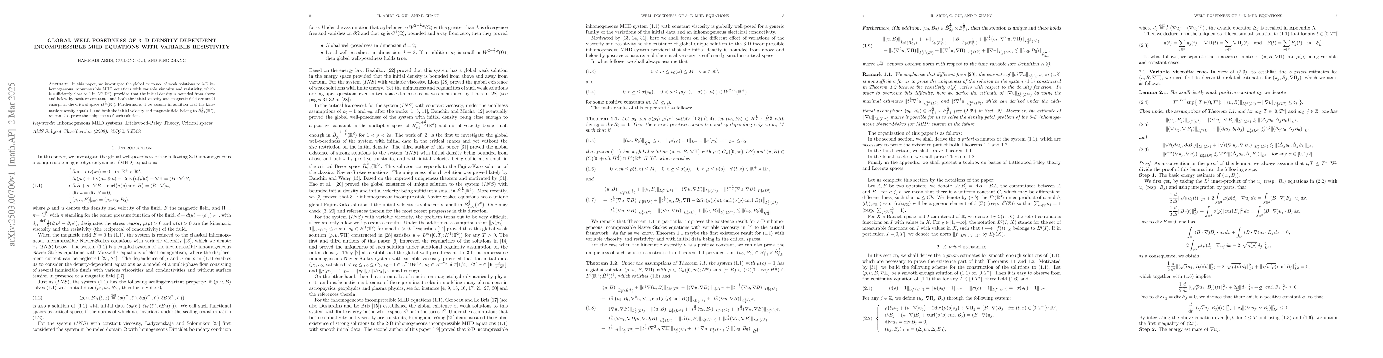 Thumbnail for Global well-posedness of 3-D density-dependent incompressible MHD
  equations with variable resistivity