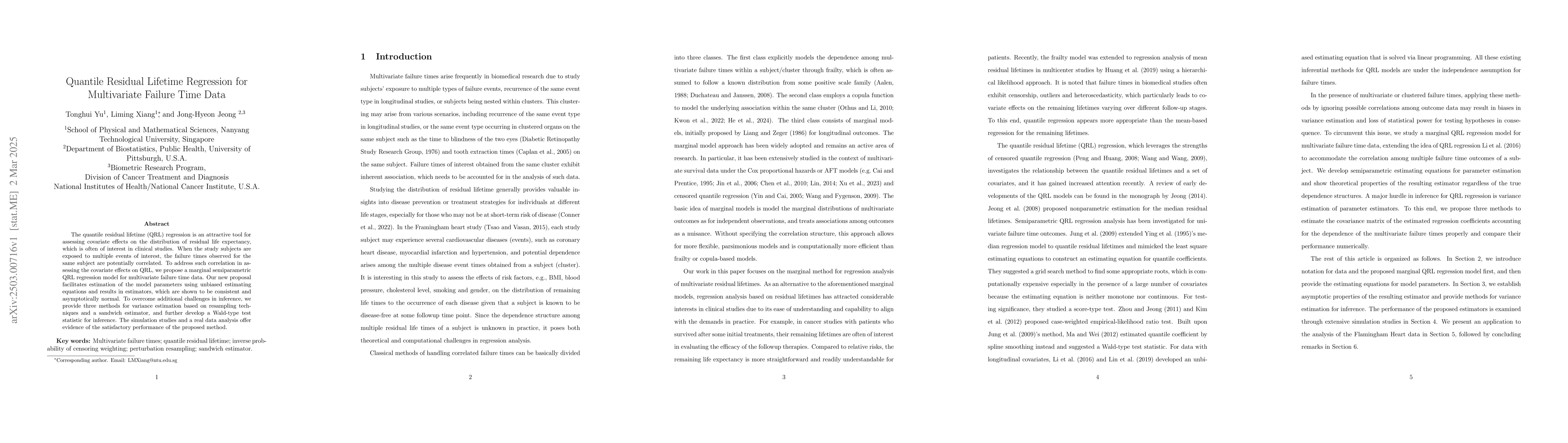 Thumbnail for Quantile Residual Lifetime Regression for Multivariate Failure Time Data