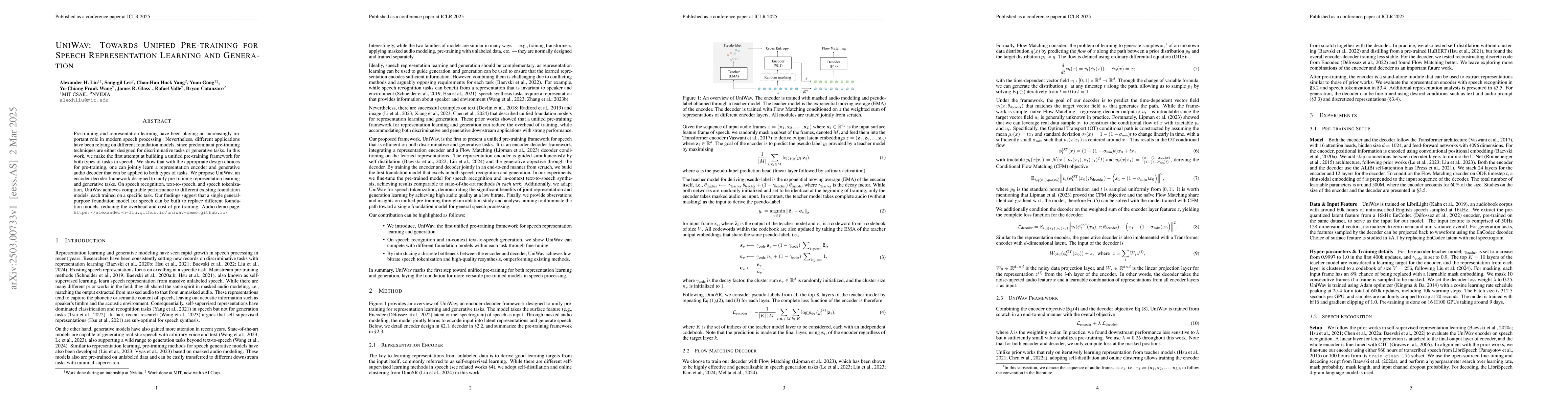 Thumbnail for UniWav: Towards Unified Pre-training for Speech Representation Learning
  and Generation