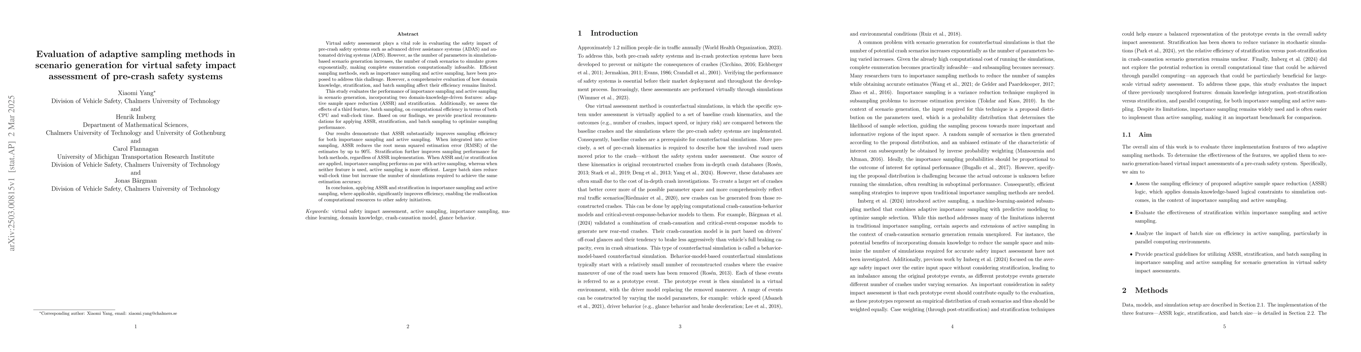 Thumbnail for Evaluation of adaptive sampling methods in scenario generation for
  virtual safety impact assessment of pre-crash safety systems