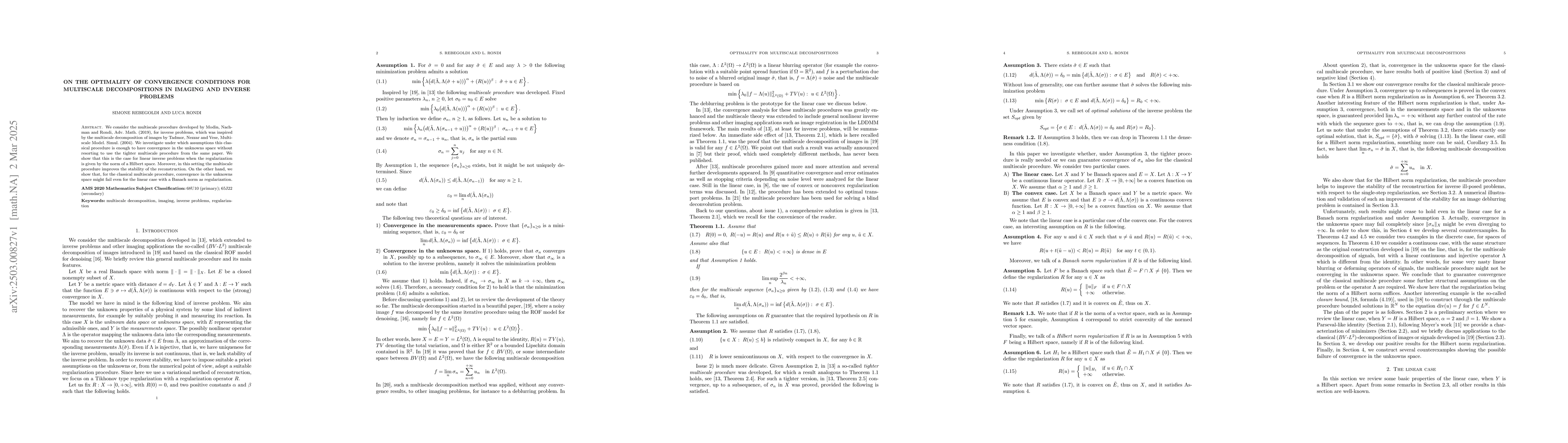 Thumbnail for On the optimality of convergence conditions for multiscale
  decompositions in imaging and inverse problems