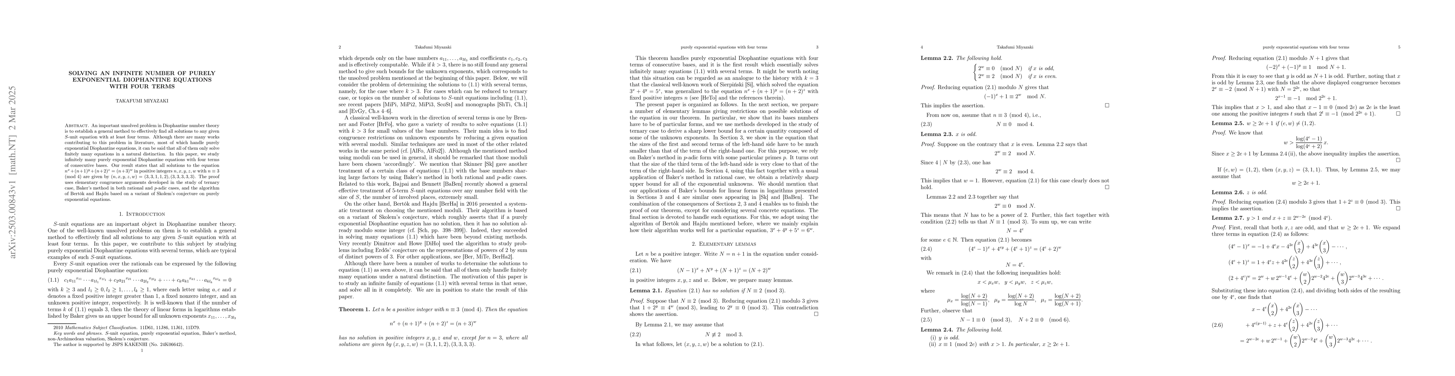 Thumbnail for Solving an infinite number of purely exponential Diophantine equations
  with four terms