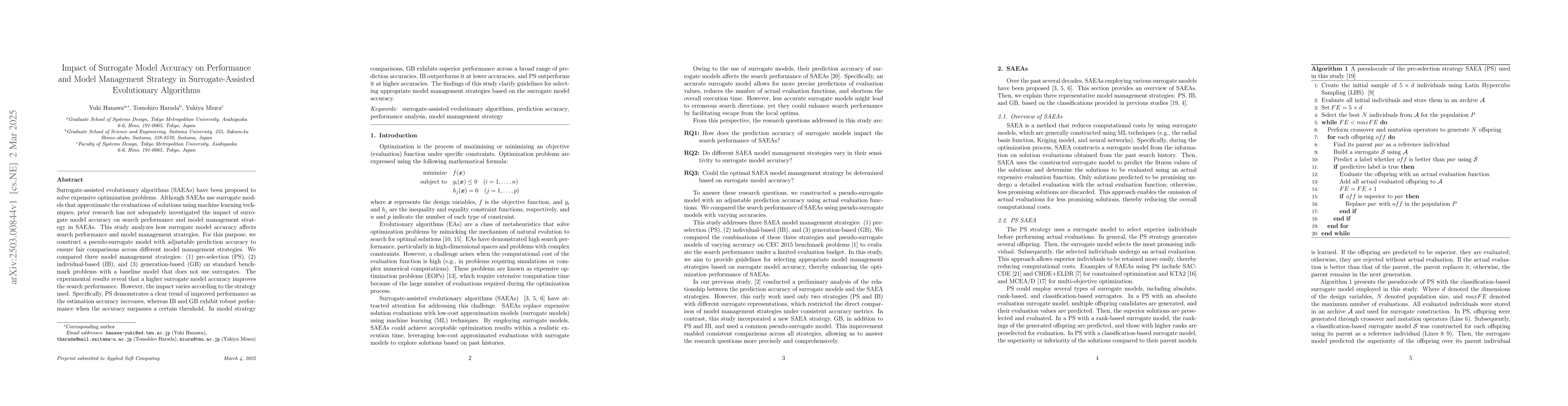 Thumbnail for Impact of Surrogate Model Accuracy on Performance and Model Management
  Strategy in Surrogate-Assisted Evolutionary Algorithms