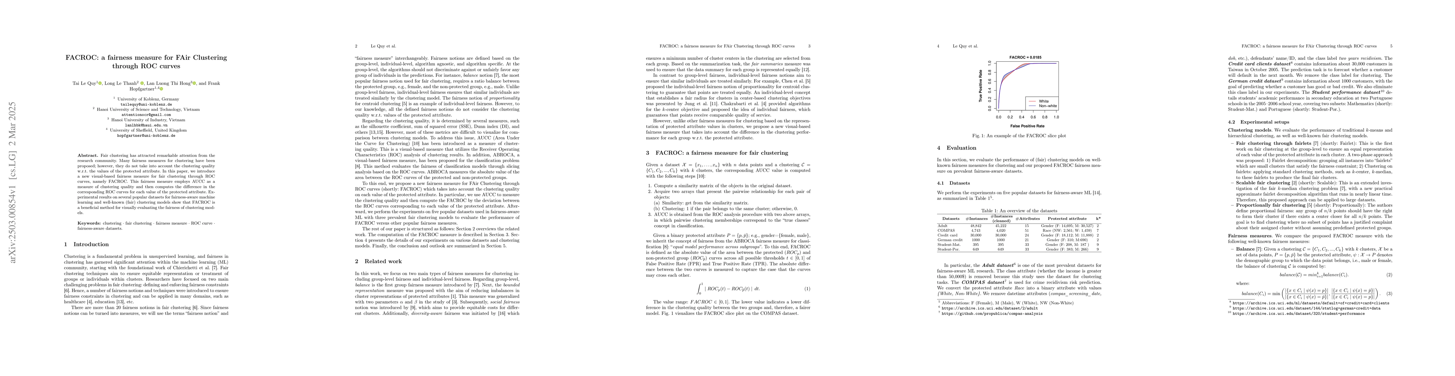 Thumbnail for FACROC: a fairness measure for FAir Clustering through ROC curves