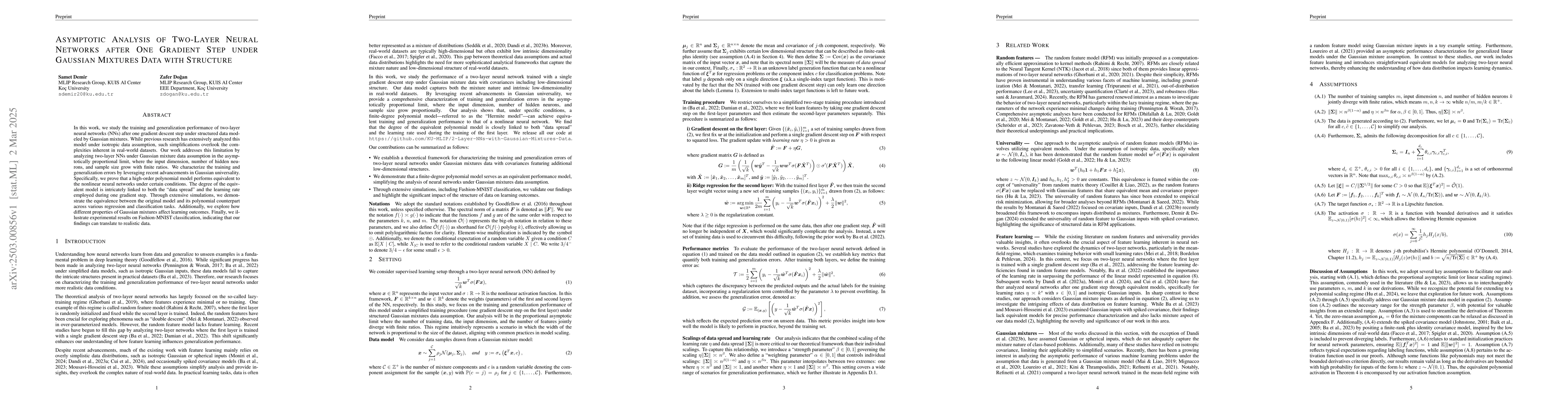 Thumbnail for Asymptotic Analysis of Two-Layer Neural Networks after One Gradient Step
  under Gaussian Mixtures Data with Structure