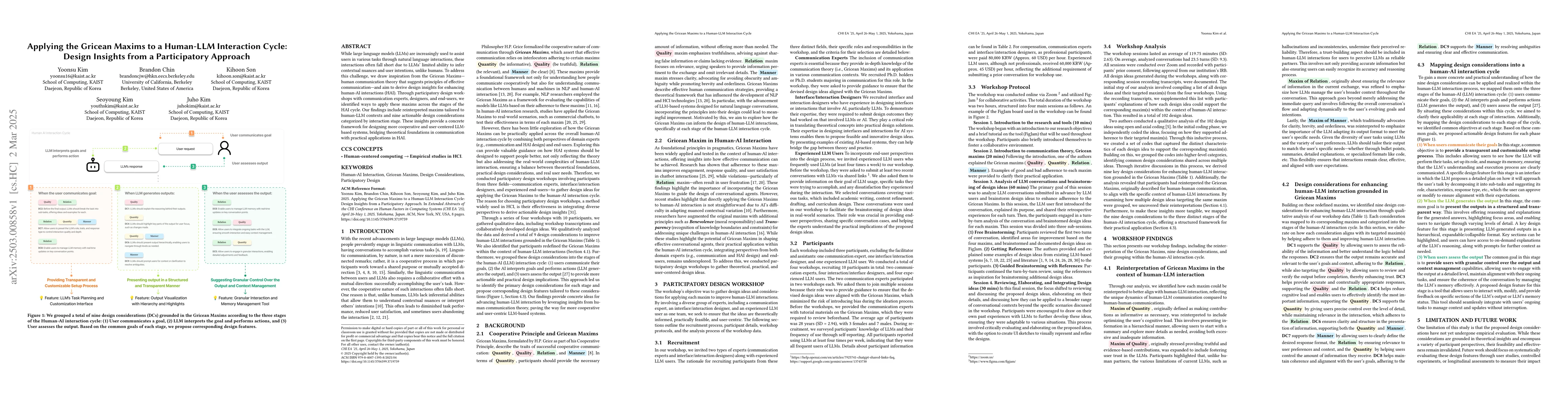 Thumbnail for Applying the Gricean Maxims to a Human-LLM Interaction Cycle: Design
  Insights from a Participatory Approach