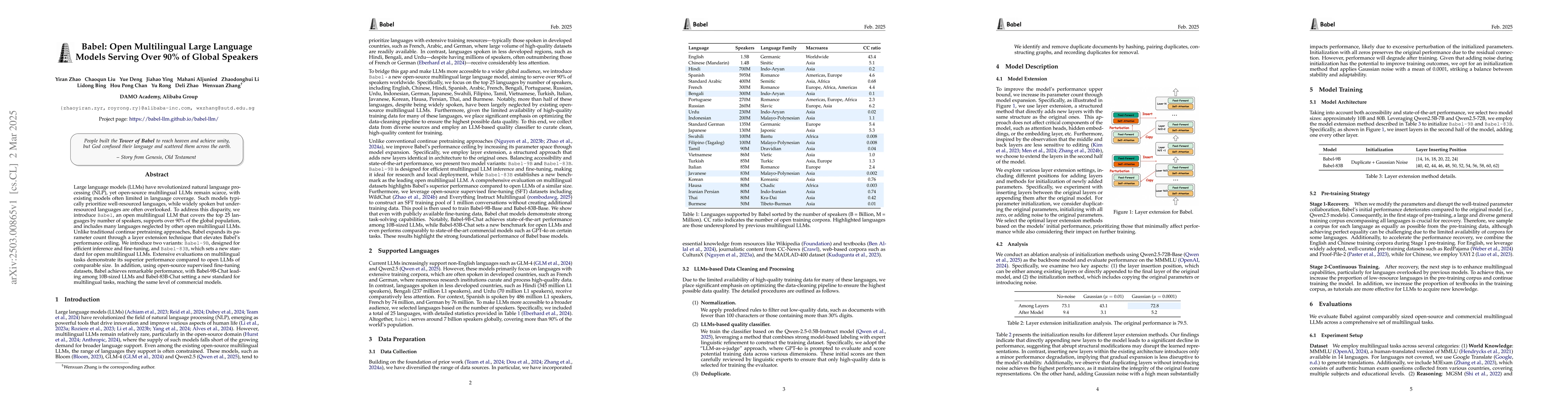 Thumbnail for Babel: Open Multilingual Large Language Models Serving Over 90% of
  Global Speakers