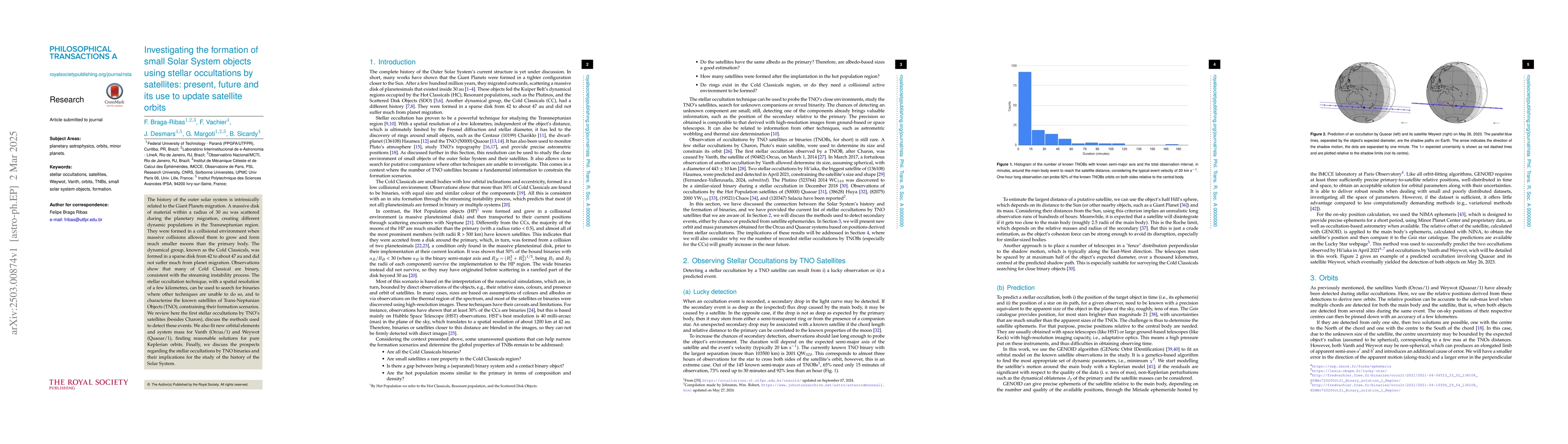 Thumbnail for Investigating the formation of small Solar System objects using stellar
  occultations by satellites: present, future and its use to update satellite
  orbits
