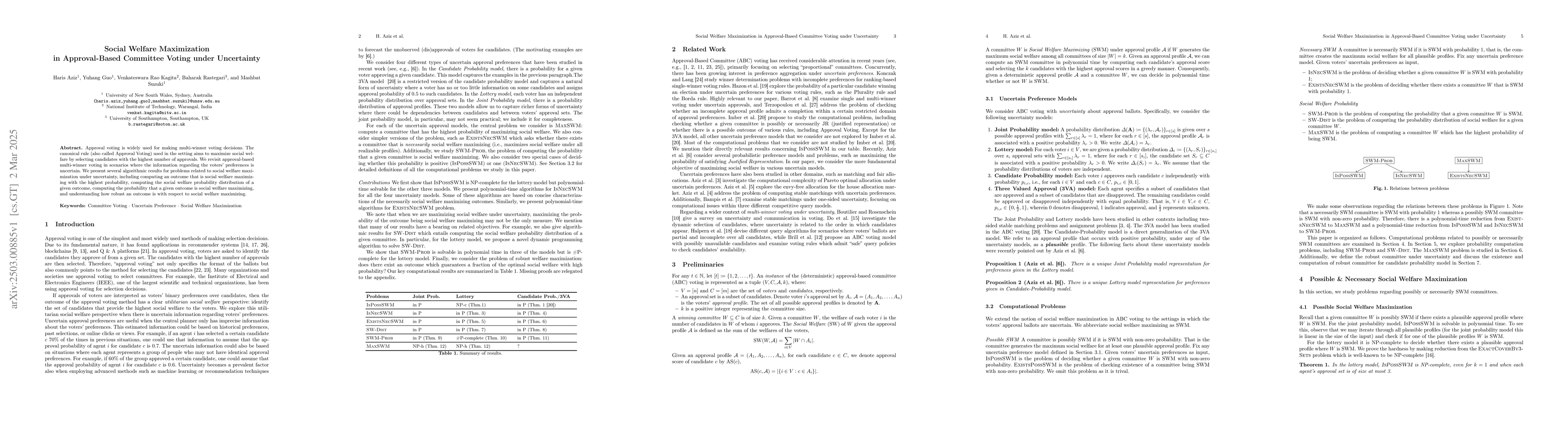 Thumbnail for Social Welfare Maximization in Approval-Based Committee Voting under
  Uncertainty