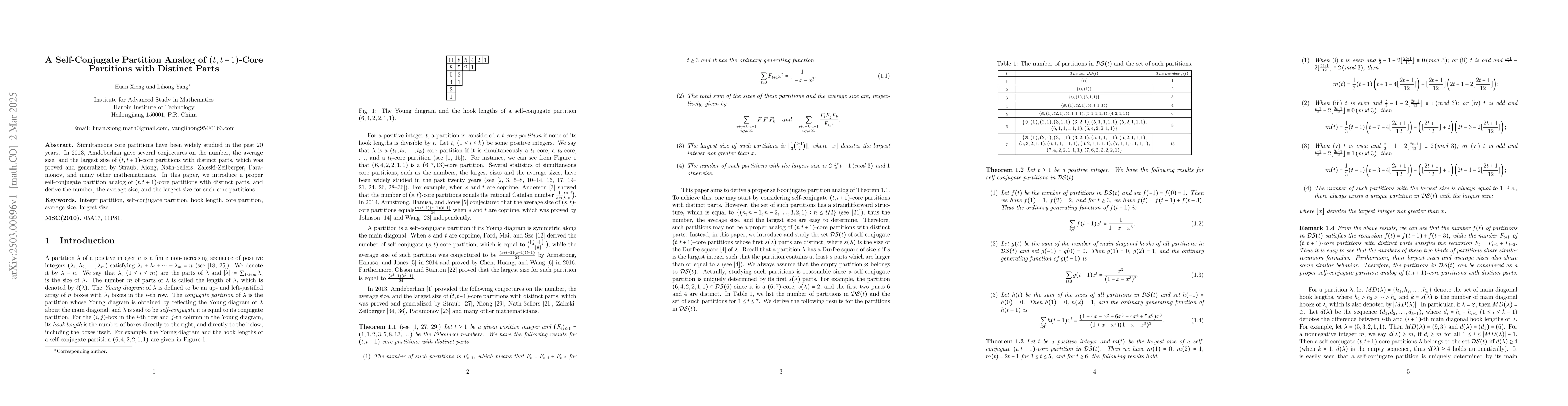 Thumbnail for A Self-Conjugate Partition Analog of $(t,t+1)$-Core Partitions with
  Distinct Parts