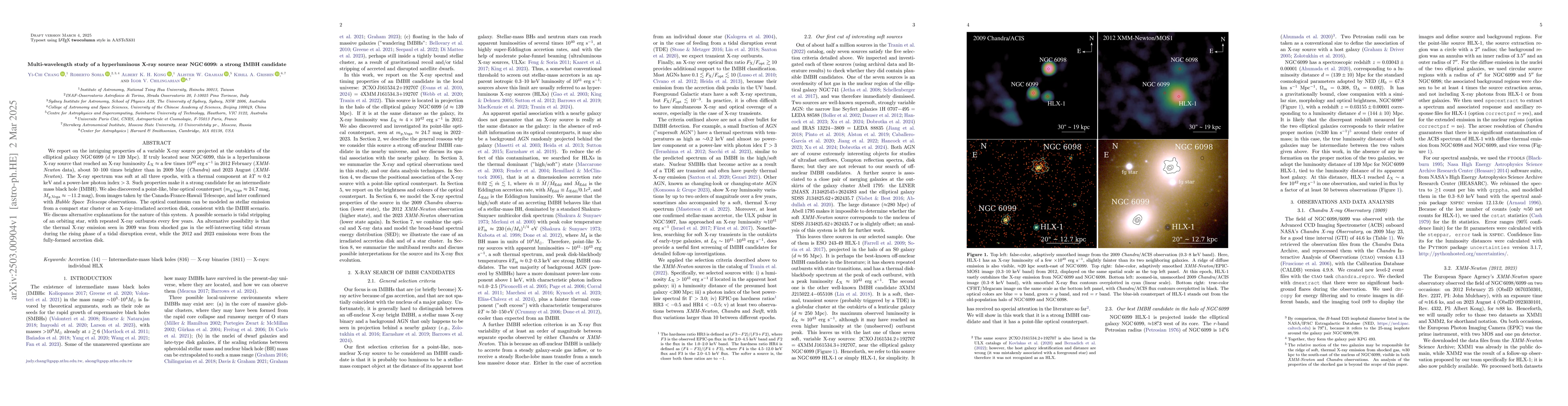 Thumbnail for Multi-wavelength study of a hyperluminous X-ray source near NGC 6099: a
  strong IMBH candidate