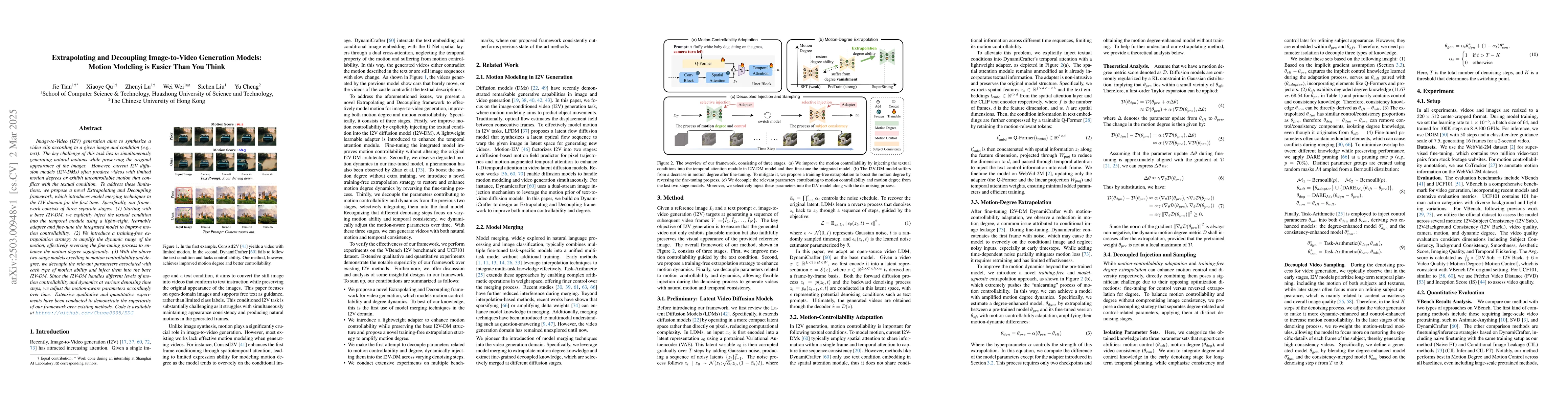 Thumbnail for Extrapolating and Decoupling Image-to-Video Generation Models: Motion
  Modeling is Easier Than You Think