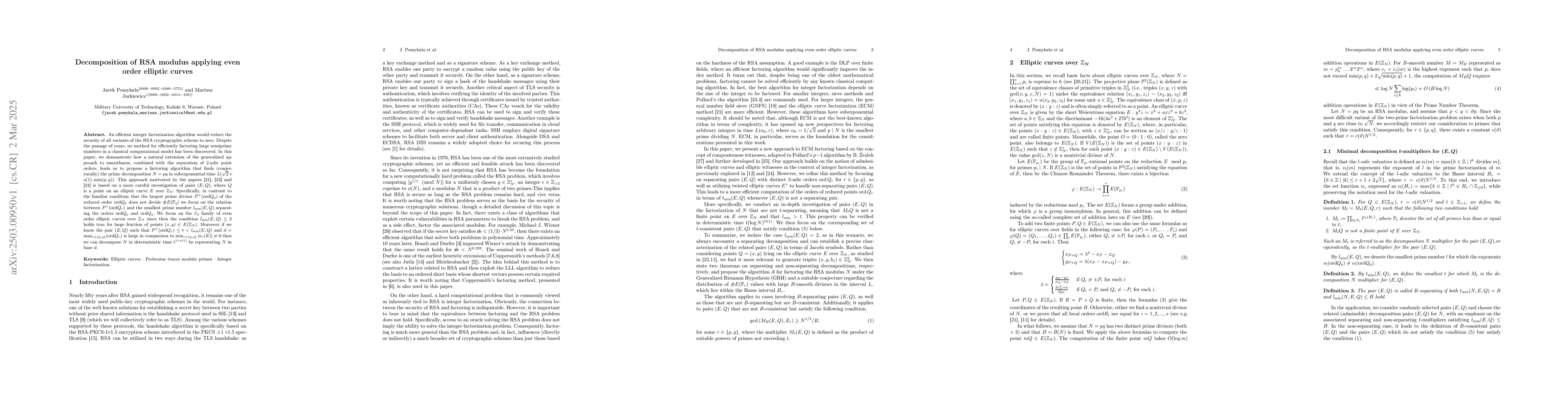 Thumbnail for Decomposition of RSA modulus applying even order elliptic curves