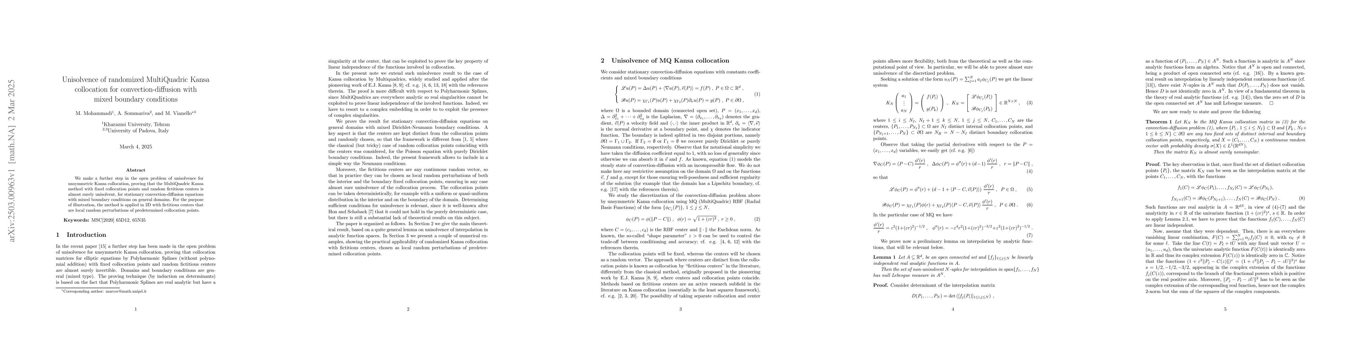 Thumbnail for Unisolvence of randomized MultiQuadric Kansa collocation for
  convection-diffusion with mixed boundary conditions
