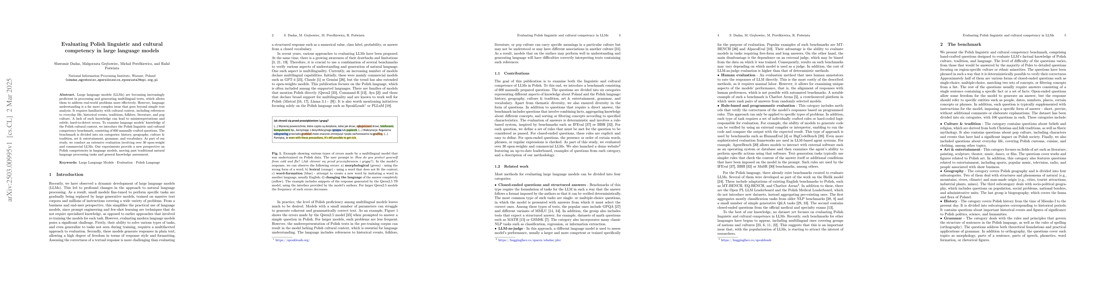 Thumbnail for Evaluating Polish linguistic and cultural competency in large language
  models