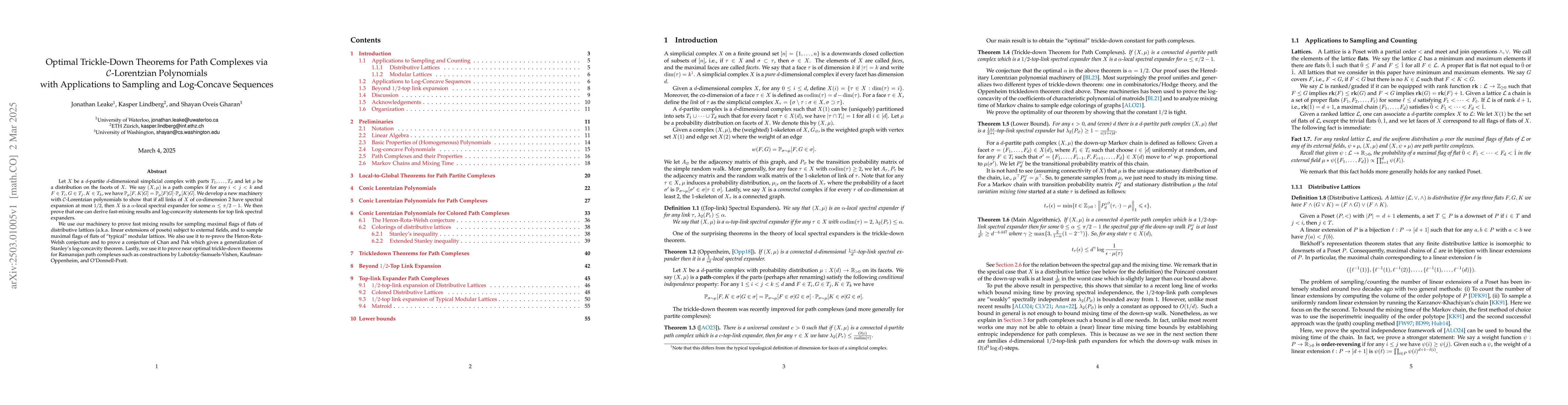 Thumbnail for Optimal Trickle-Down Theorems for Path Complexes via
  $\mathcal{C}$-Lorentzian Polynomials with Applications to Sampling and
  Log-Concave Sequences