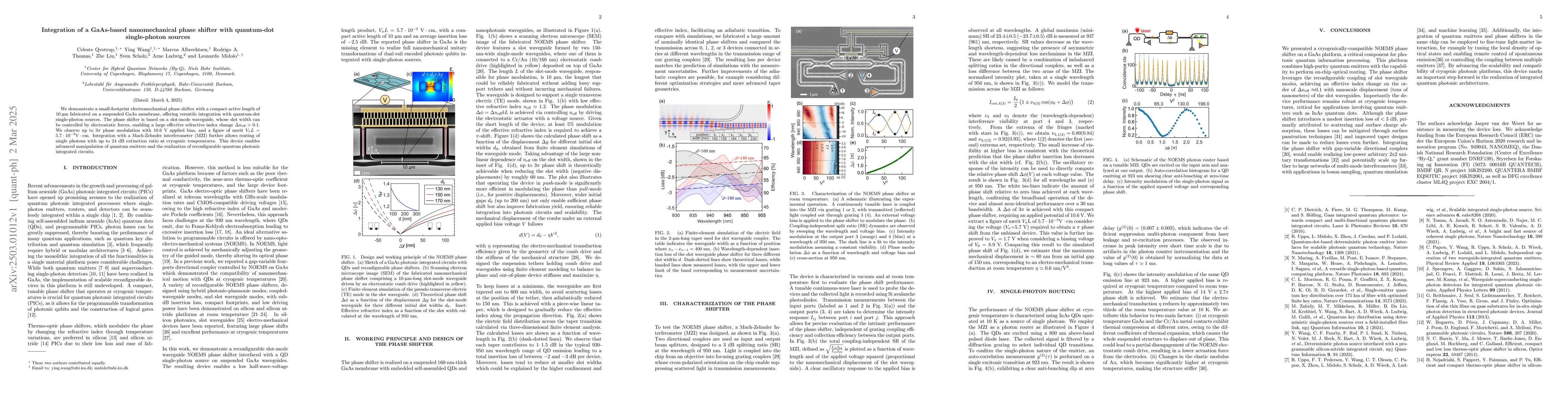 Thumbnail for Integration of a GaAs-based nanomechanical phase shifter with
  quantum-dot single-photon sources