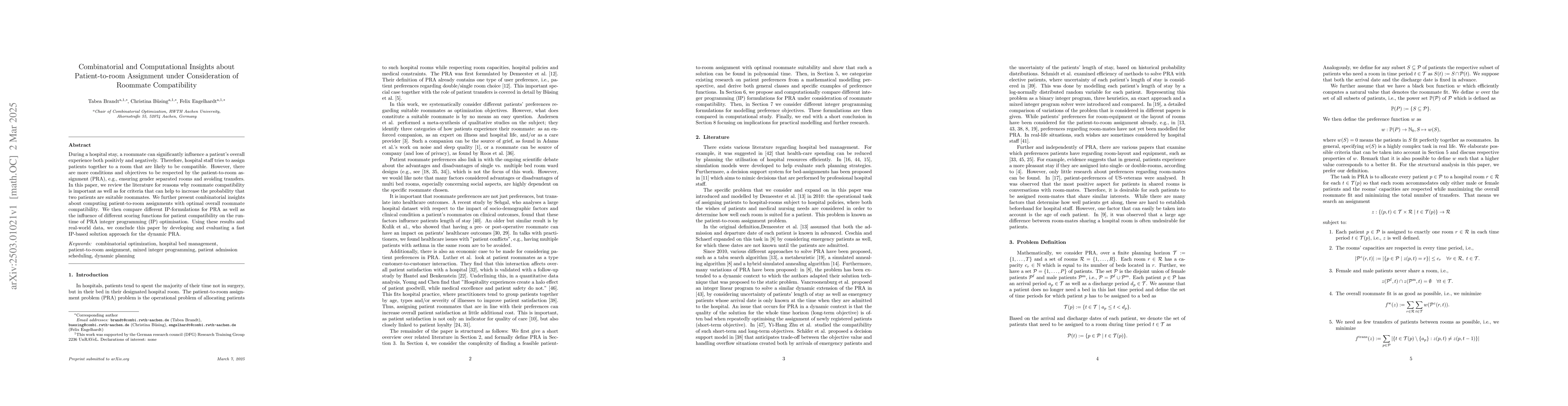 Thumbnail for Combinatorial and Computational Insights about Patient-to-room
  Assignment under Consideration of Roommate Compatibility