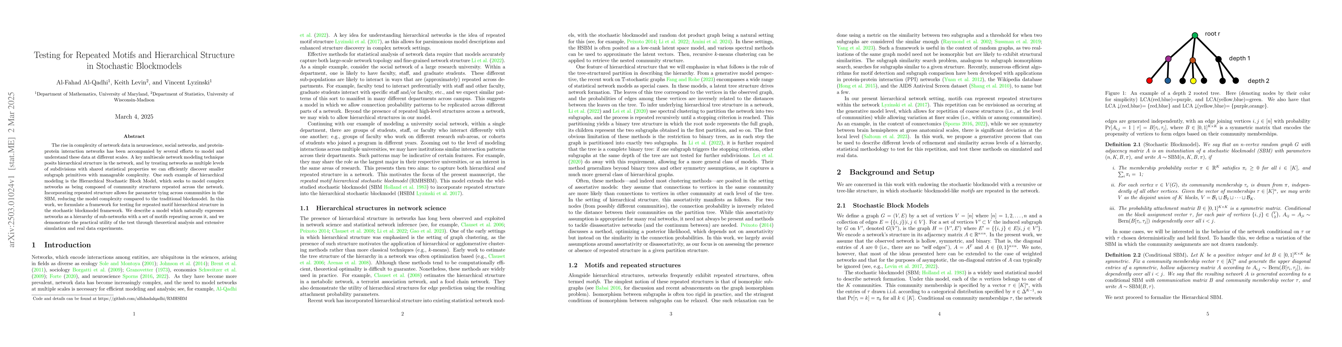 Thumbnail for Testing for Repeated Motifs and Hierarchical Structure in Stochastic
  Blockmodels