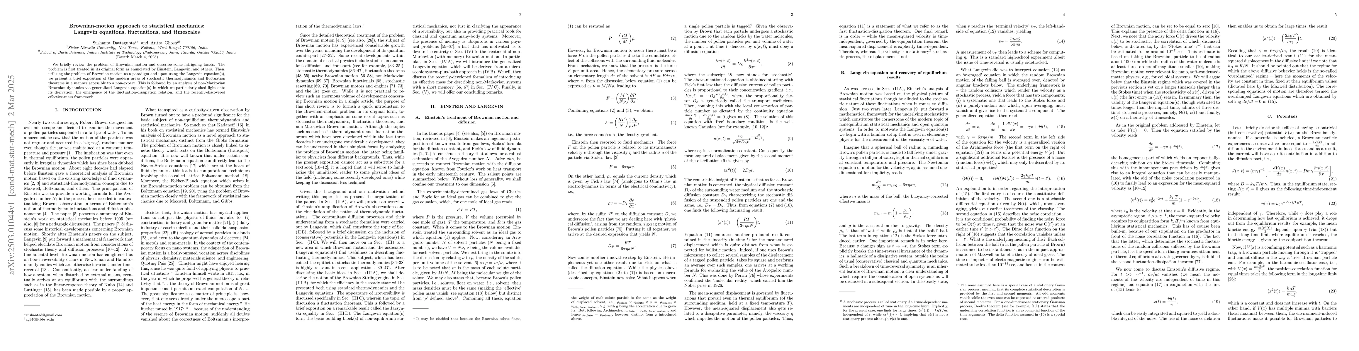 Thumbnail for Brownian-motion approach to statistical mechanics: Langevin equations,
  fluctuations, and timescales