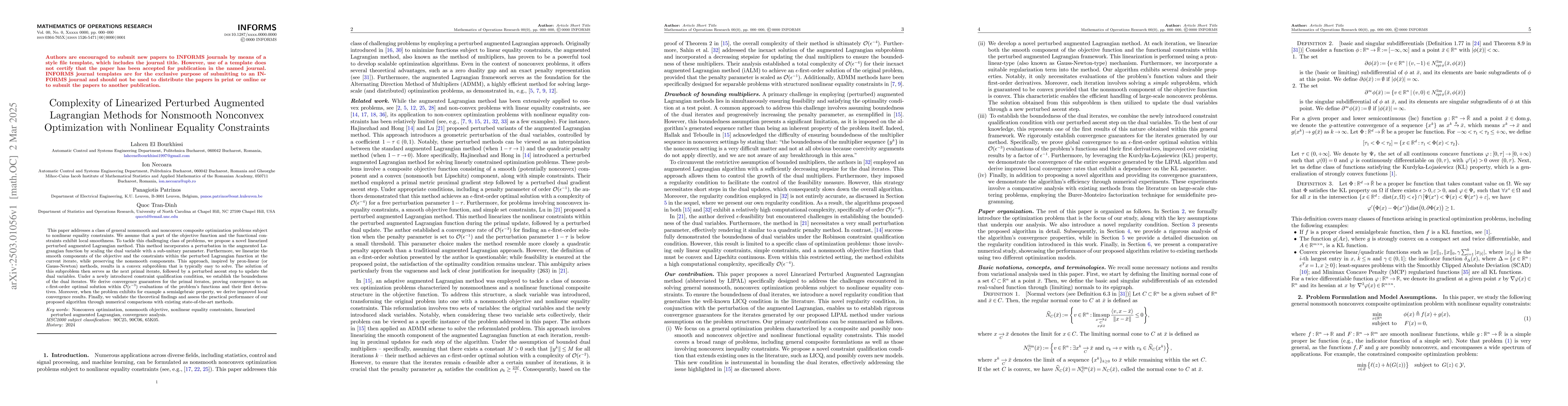 Thumbnail for Complexity of Linearized Perturbed Augmented Lagrangian Methods for
  Nonsmooth Nonconvex Optimization with Nonlinear Equality Constraints