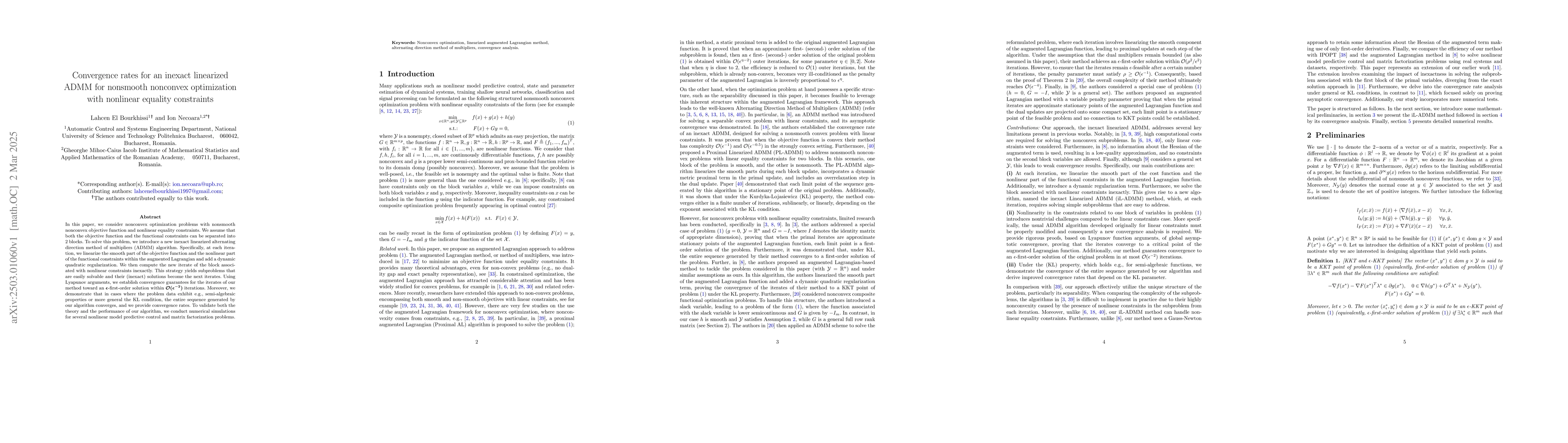 Thumbnail for Convergence rates for an inexact linearized ADMM for nonsmooth nonconvex
  optimization with nonlinear equality constraints