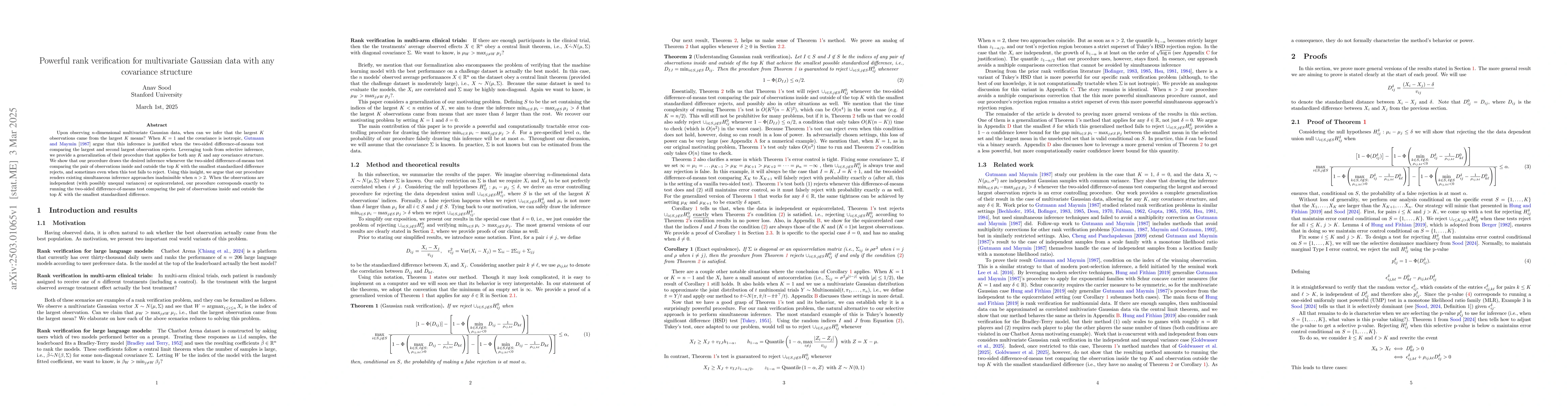 Thumbnail for Powerful rank verification for multivariate Gaussian data with any
  covariance structure