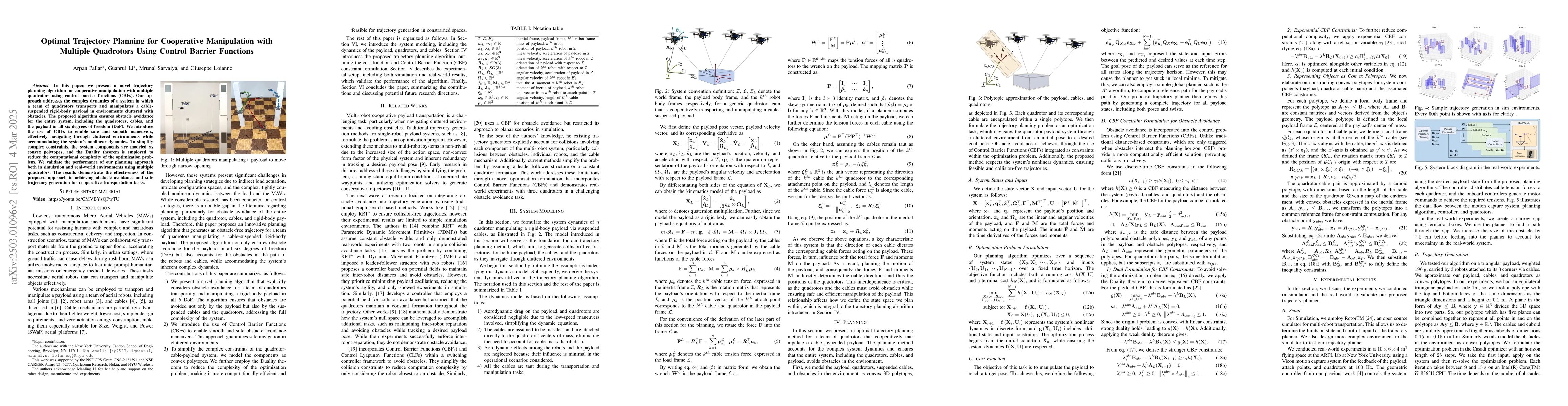 Thumbnail for Optimal Trajectory Planning for Cooperative Manipulation with Multiple
  Quadrotors Using Control Barrier Functions