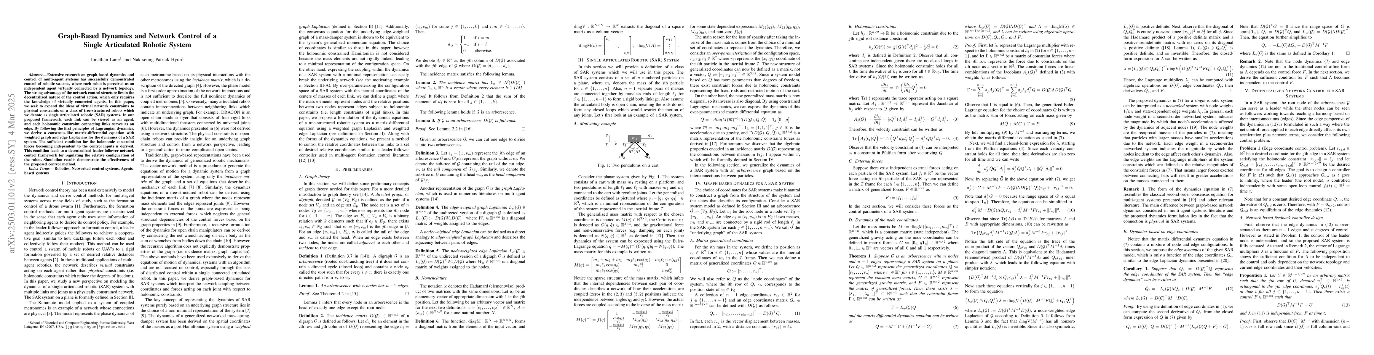 Thumbnail for Graph-Based Dynamics and Network Control of a Single Articulated Robotic
  System