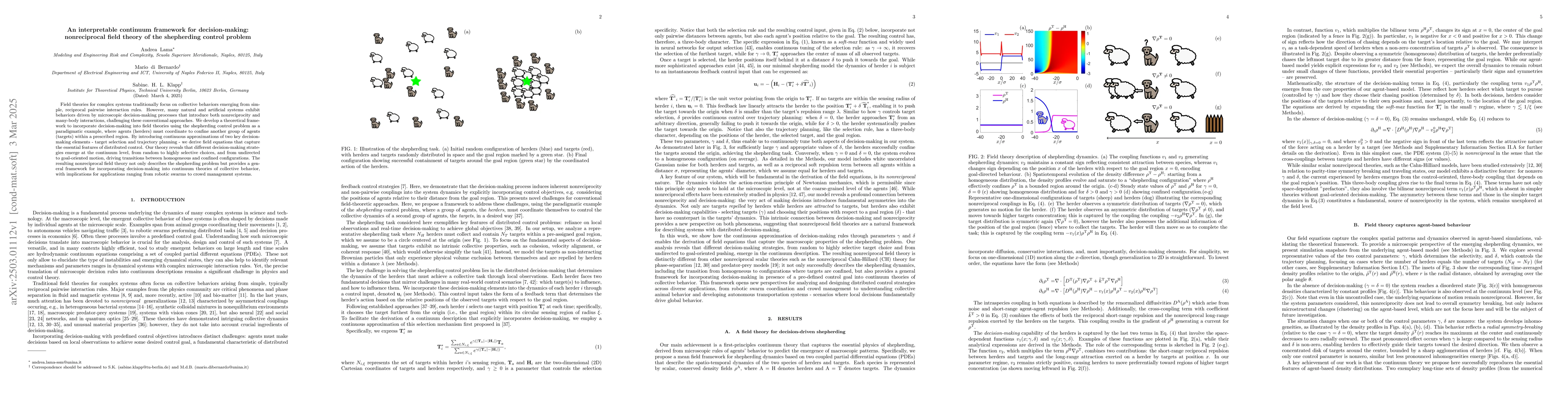 Thumbnail for An interpretable continuum framework for decision-making: nonreciprocal
  field theory of the shepherding control problem