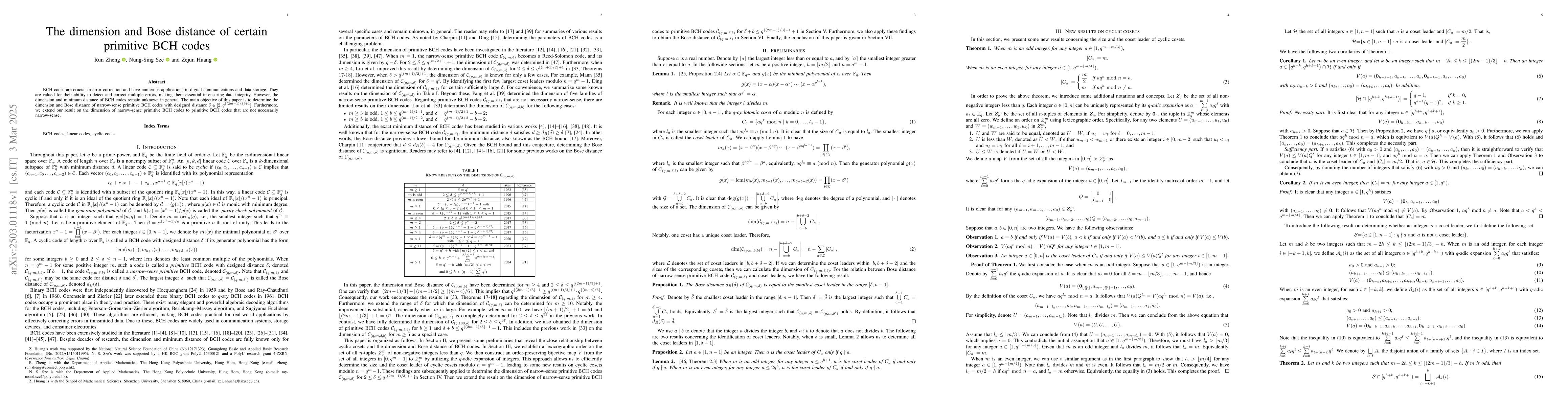 Thumbnail for The dimension and Bose distance of certain primitive BCH codes