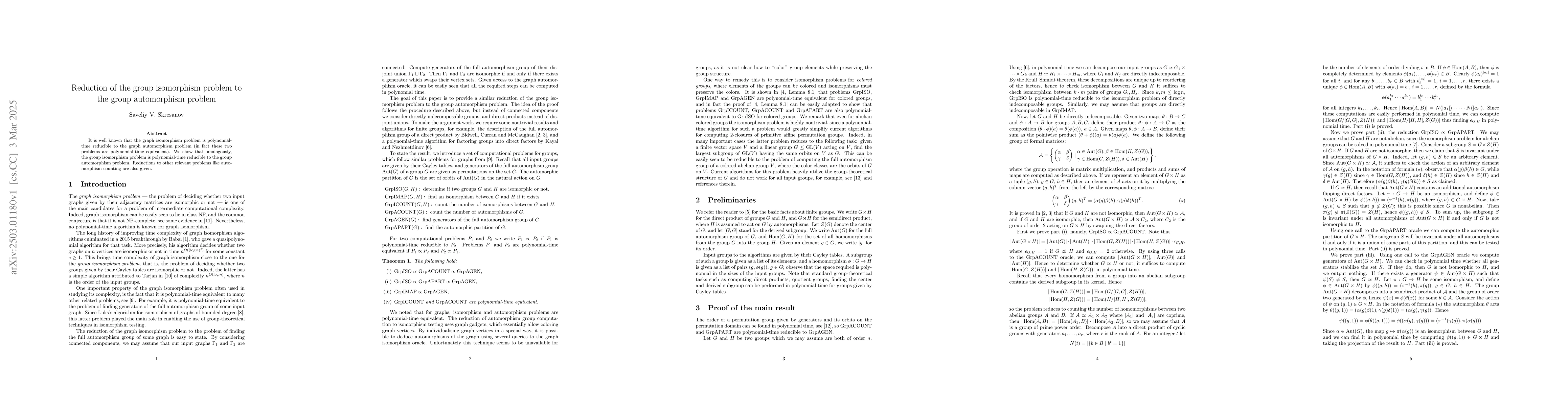 Thumbnail for Reduction of the group isomorphism problem to the group automorphism
  problem