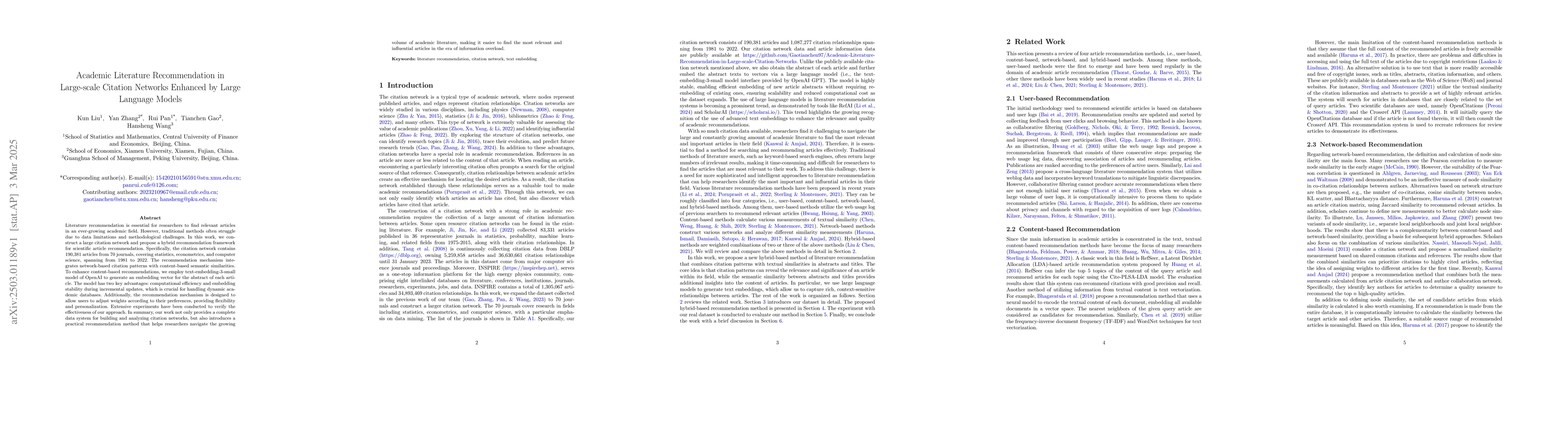 Thumbnail for Academic Literature Recommendation in Large-scale Citation Networks
  Enhanced by Large Language Models
