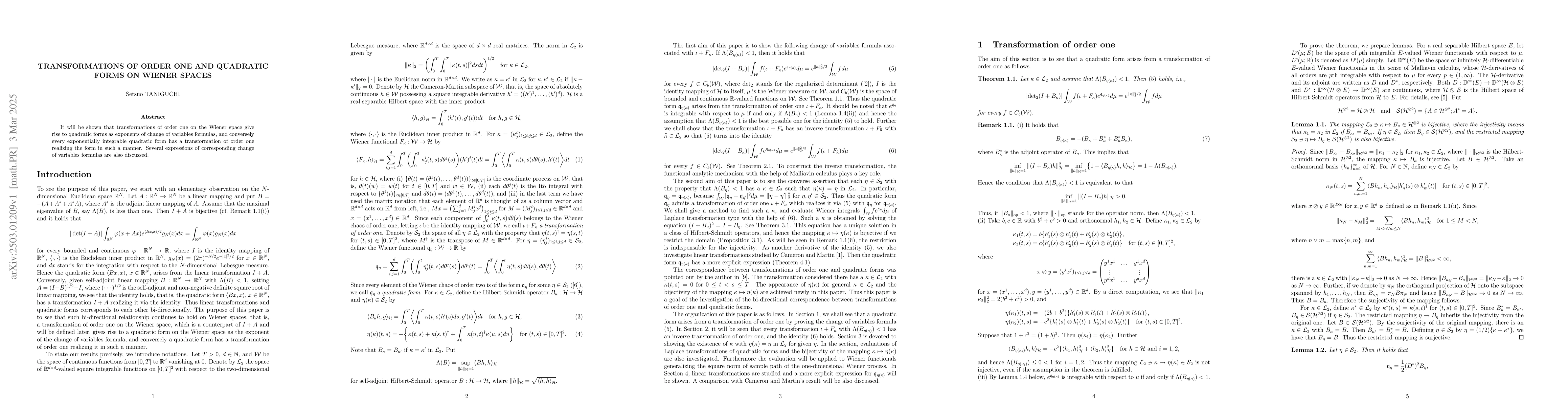 Thumbnail for Transformations of order one and quadratic forms on Wiener spaces