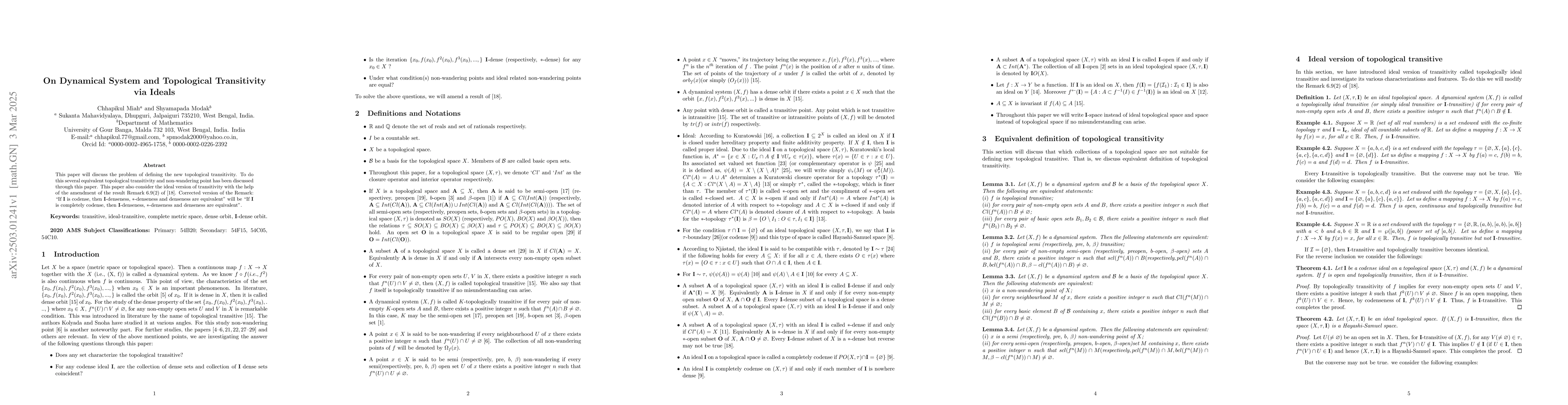 Thumbnail for On Dynamical System and Topological Transitivity via Ideals
