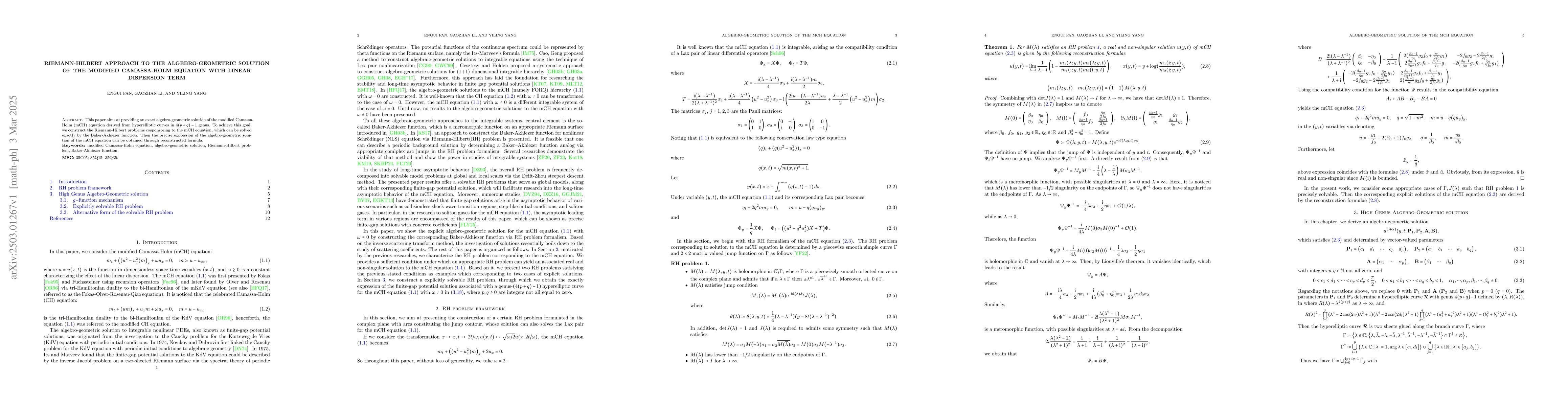 Thumbnail for Riemann-Hilbert approach to the Algebro-Geometric solution of the
  modified Camassa-Holm equation with linear dispersion term