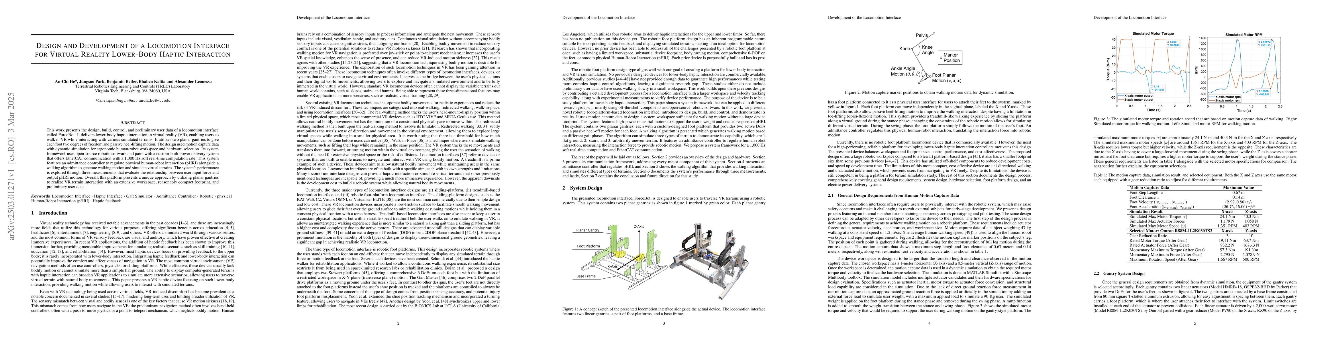 Thumbnail for Design and Development of a Locomotion Interface for Virtual Reality
  Lower-Body Haptic Interaction